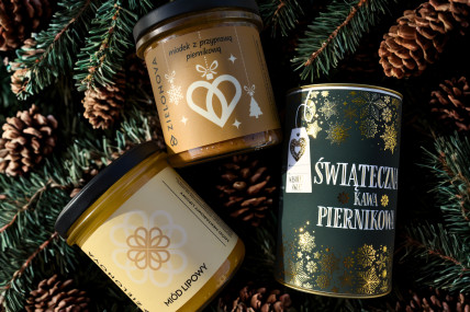 Zestaw dwóch miodów z toruńską kawą piernikową i łyżeczką