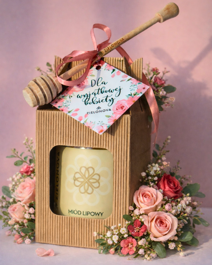 Miód w ozdobnym kartoniku z łyżeczką